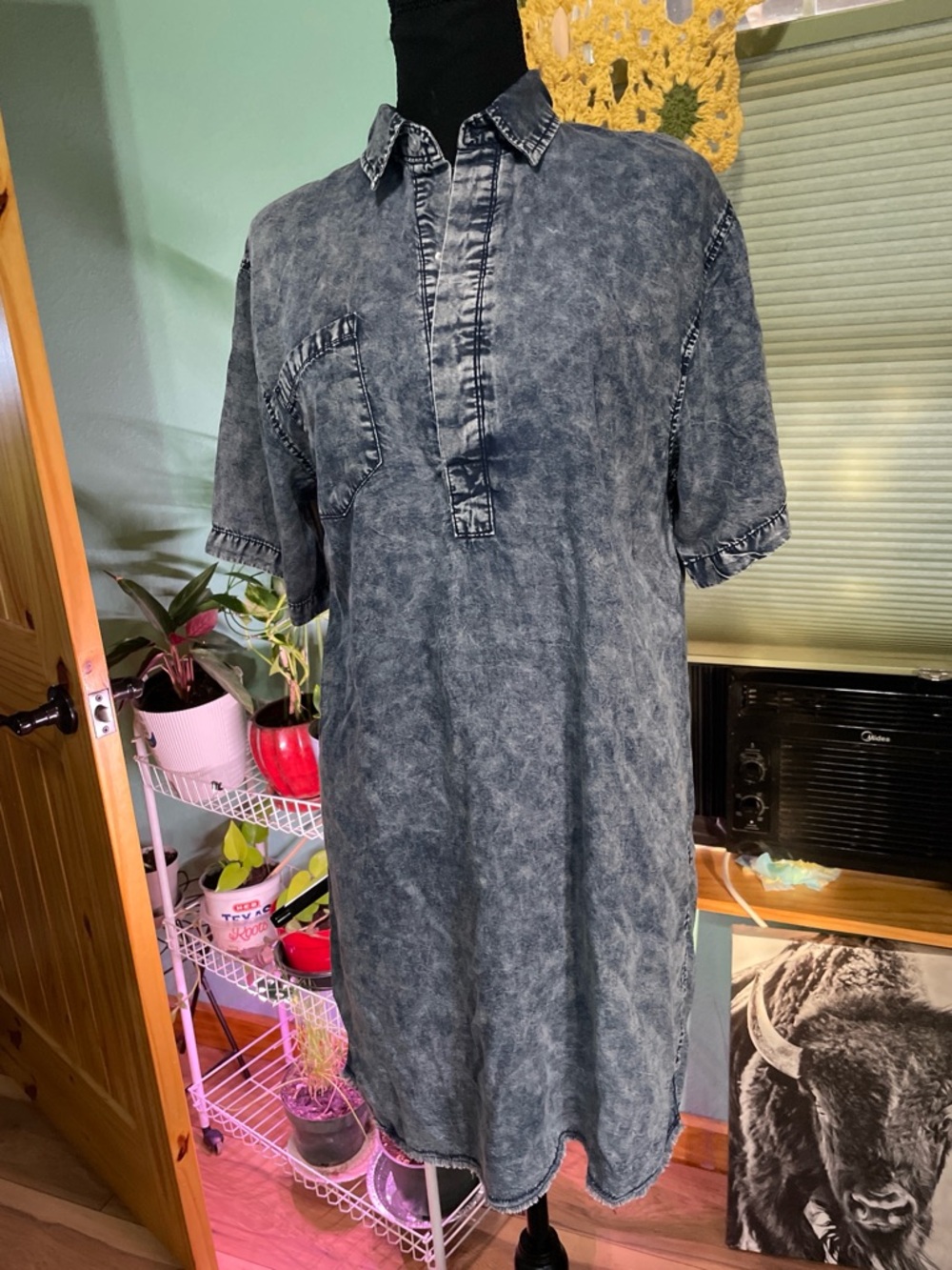 Acid Wash Denim-Look Shirt Dress in Washed Blue